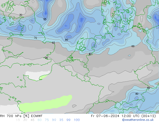 Humidité rel. 700 hPa ECMWF ven 07.06.2024 12 UTC