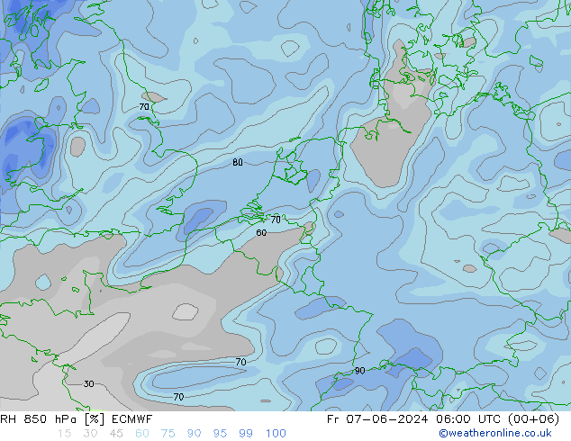 RH 850 hPa ECMWF 星期五 07.06.2024 06 UTC