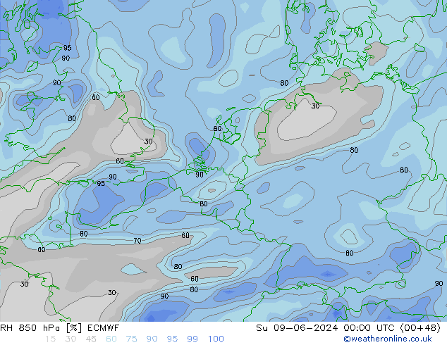 Humedad rel. 850hPa ECMWF dom 09.06.2024 00 UTC