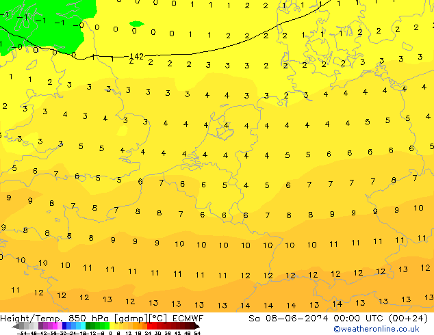 Hoogte/Temp. 850 hPa ECMWF za 08.06.2024 00 UTC