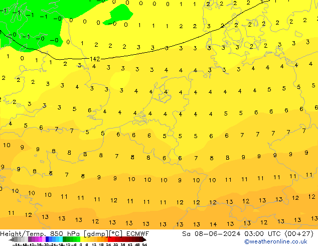 Height/Temp. 850 hPa ECMWF sab 08.06.2024 03 UTC