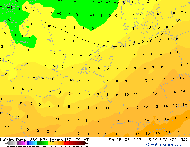 Height/Temp. 850 hPa ECMWF So 08.06.2024 15 UTC