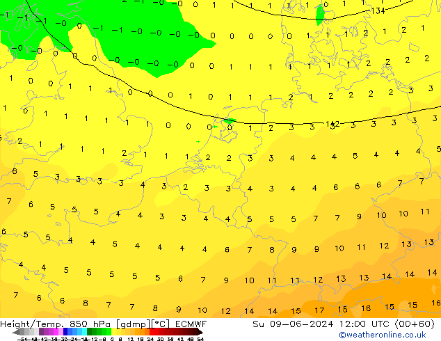 Height/Temp. 850 гПа ECMWF Вс 09.06.2024 12 UTC