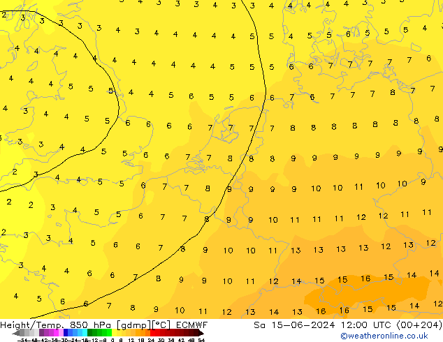 Height/Temp. 850 hPa ECMWF so. 15.06.2024 12 UTC