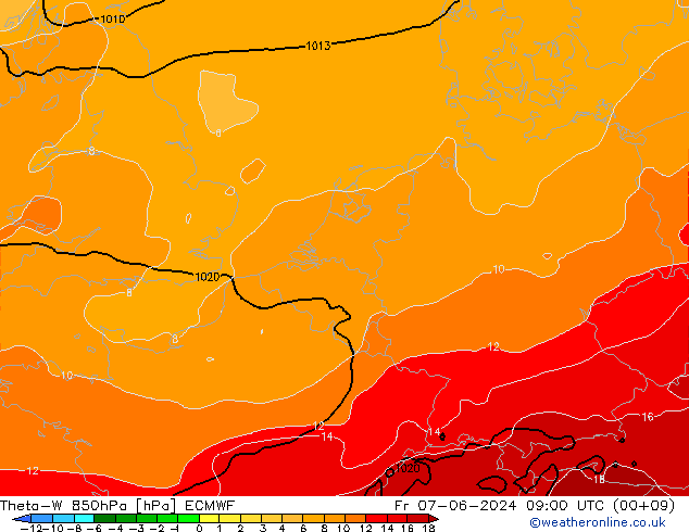 Theta-W 850гПа ECMWF пт 07.06.2024 09 UTC