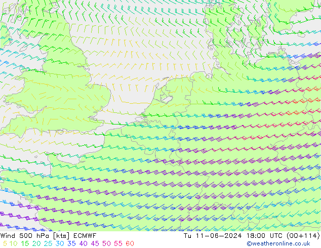 wiatr 500 hPa ECMWF wto. 11.06.2024 18 UTC