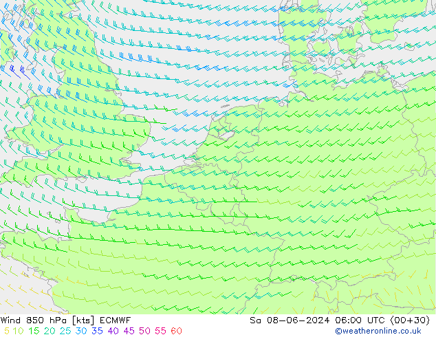Wind 850 hPa ECMWF za 08.06.2024 06 UTC