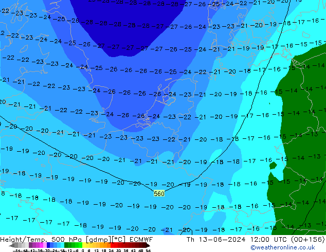 Z500/Rain (+SLP)/Z850 ECMWF czw. 13.06.2024 12 UTC