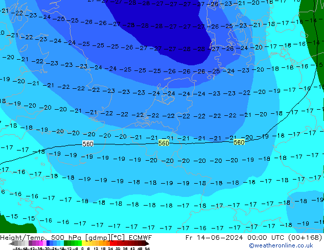 Yükseklik/Sıc. 500 hPa ECMWF Cu 14.06.2024 00 UTC