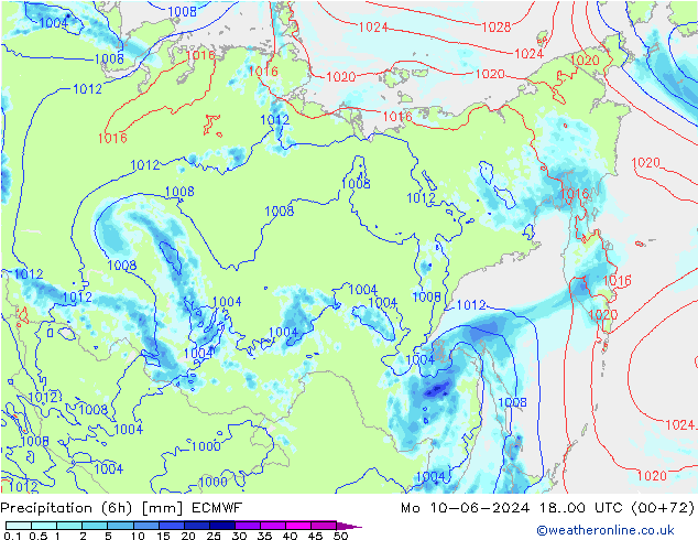 Prec 6h/Wind 10m/950 ECMWF Mo 10.06.2024 00 UTC