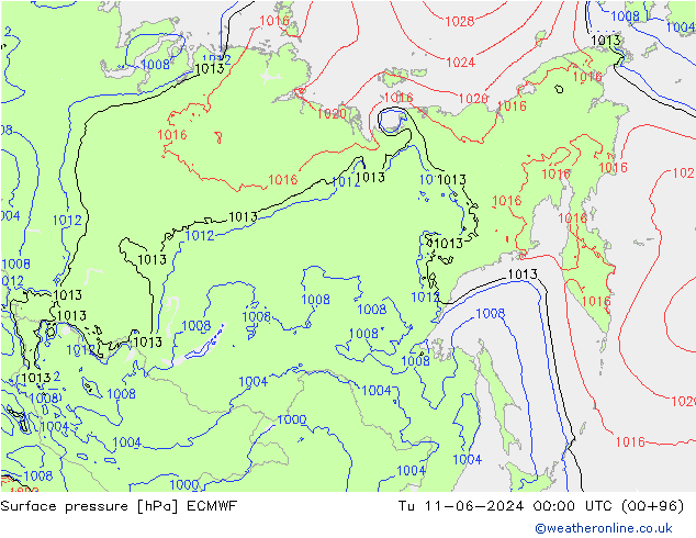 Surface pressure ECMWF Tu 11.06.2024 00 UTC