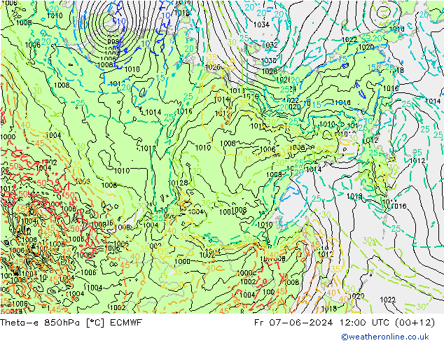 Theta-e 850гПа ECMWF пт 07.06.2024 12 UTC