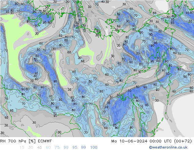 RH 700 hPa ECMWF Mo 10.06.2024 00 UTC