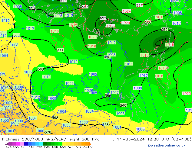 Thck 500-1000hPa ECMWF Tu 11.06.2024 12 UTC