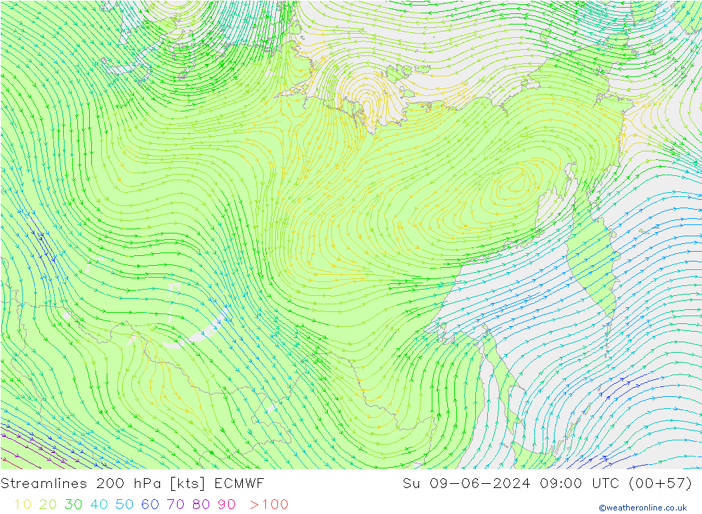 Streamlines 200 hPa ECMWF Su 09.06.2024 09 UTC