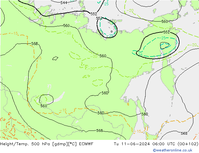 Z500/Rain (+SLP)/Z850 ECMWF wto. 11.06.2024 06 UTC