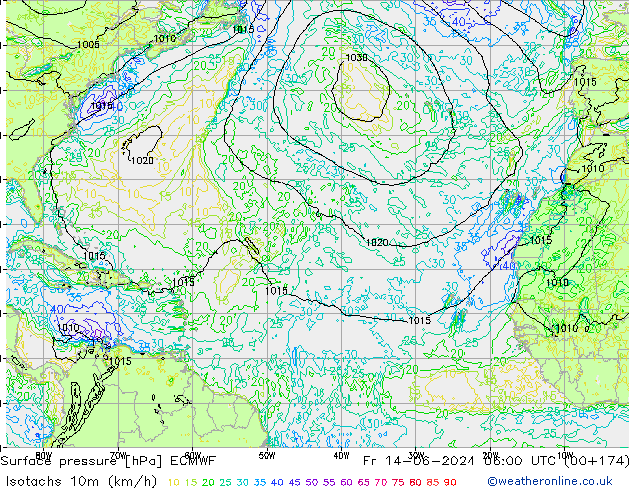 Eşrüzgar Hızları (km/sa) ECMWF Cu 14.06.2024 06 UTC