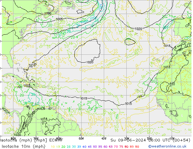 Isotachen (mph) ECMWF So 09.06.2024 06 UTC