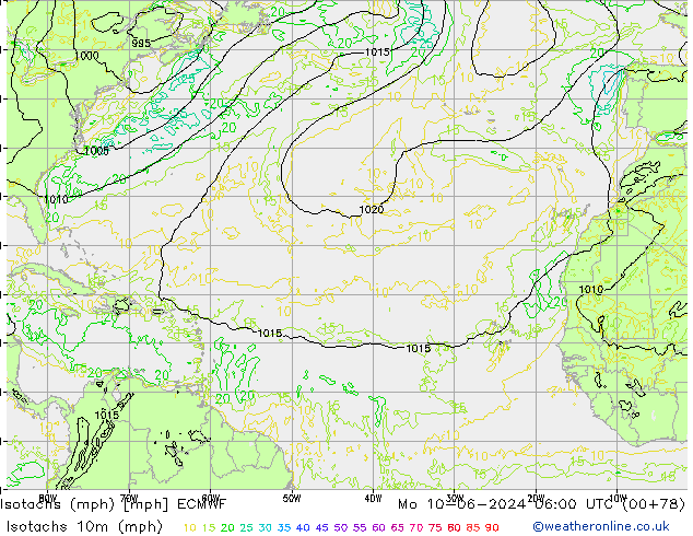 Isotachs (mph) ECMWF пн 10.06.2024 06 UTC