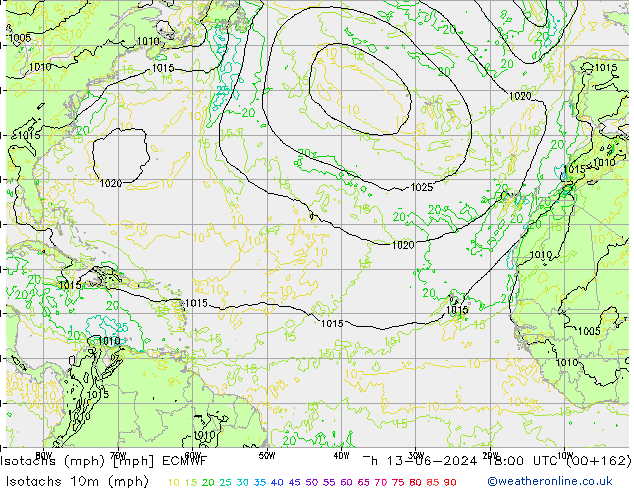 Isotachen (mph) ECMWF do 13.06.2024 18 UTC