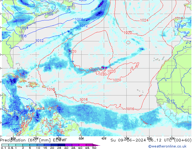 Z500/Rain (+SLP)/Z850 ECMWF Вс 09.06.2024 12 UTC