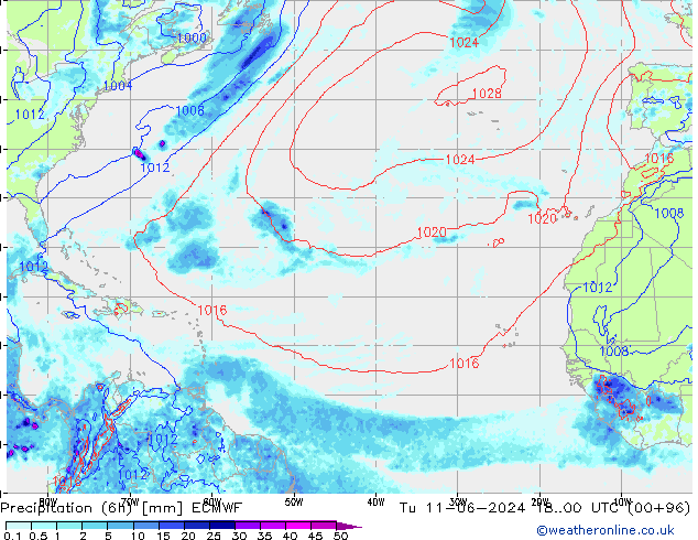 Z500/Rain (+SLP)/Z850 ECMWF wto. 11.06.2024 00 UTC