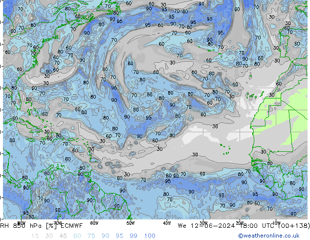 RH 850 hPa ECMWF We 12.06.2024 18 UTC