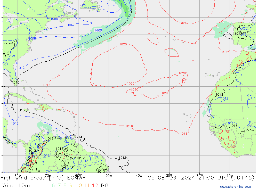 High wind areas ECMWF Sa 08.06.2024 21 UTC