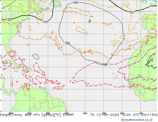 Geop./Temp. 850 hPa ECMWF jue 13.06.2024 12 UTC