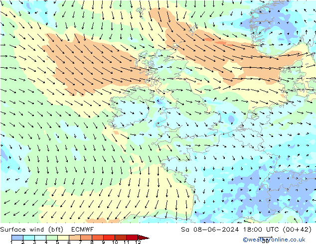 Wind 10 m (bft) ECMWF za 08.06.2024 18 UTC