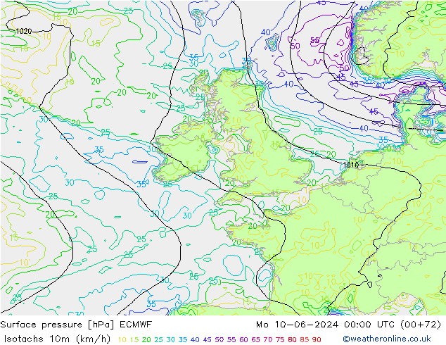 Isotachen (km/h) ECMWF ma 10.06.2024 00 UTC