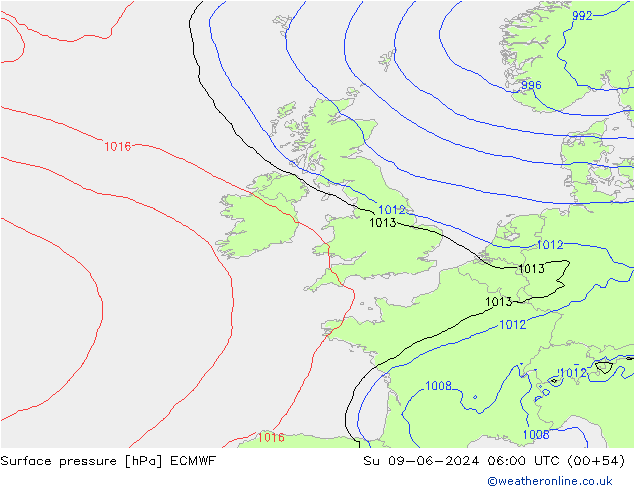 Atmosférický tlak ECMWF Ne 09.06.2024 06 UTC