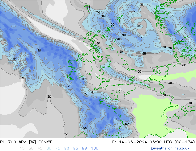 RH 700 hPa ECMWF Sex 14.06.2024 06 UTC