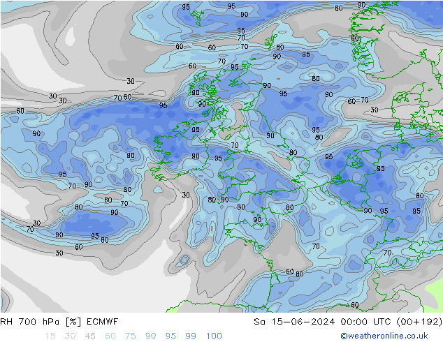 Humedad rel. 700hPa ECMWF sáb 15.06.2024 00 UTC