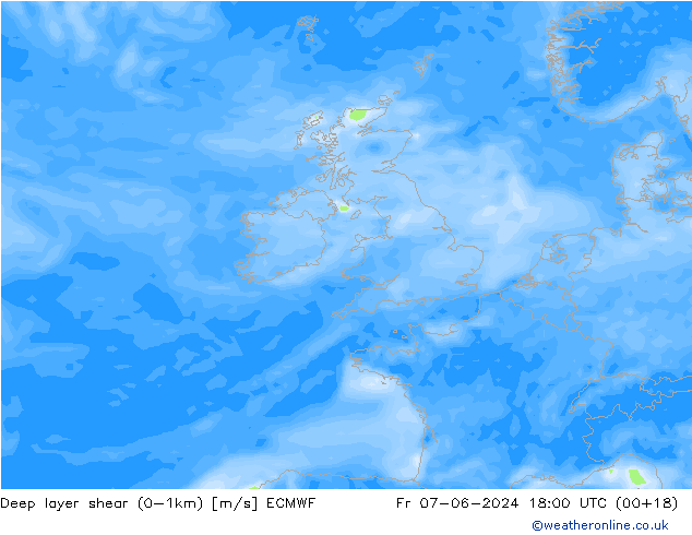 Deep layer shear (0-1km) ECMWF ven 07.06.2024 18 UTC