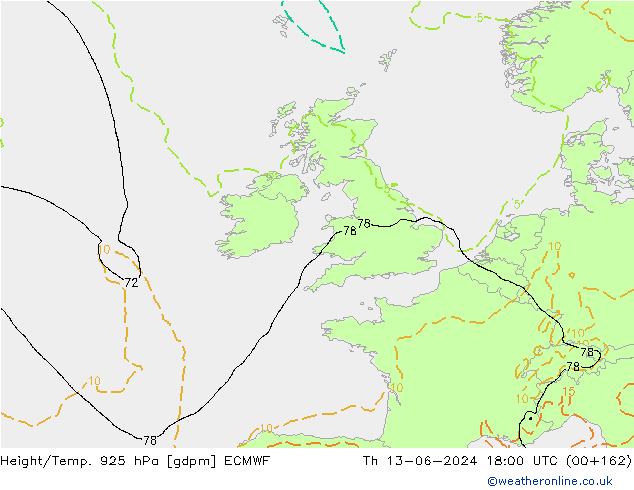 Height/Temp. 925 гПа ECMWF чт 13.06.2024 18 UTC