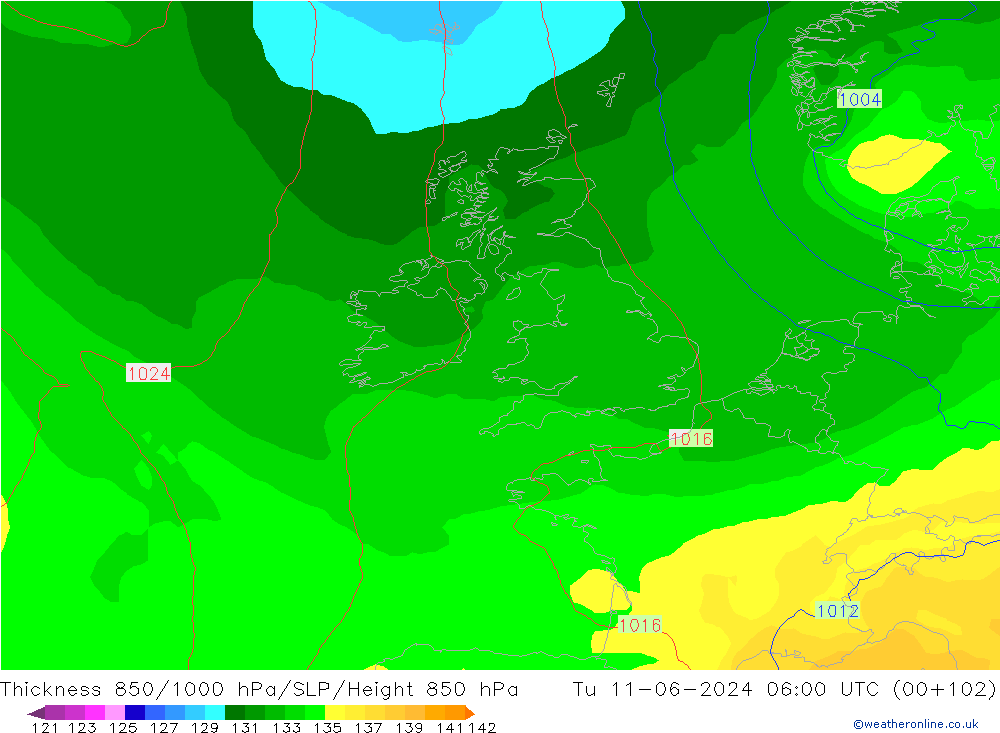 Thck 850-1000 hPa ECMWF wto. 11.06.2024 06 UTC