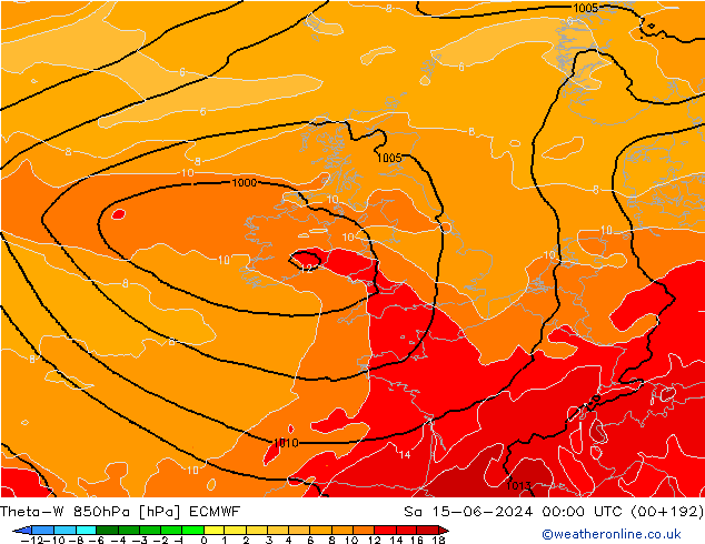 Theta-W 850hPa ECMWF za 15.06.2024 00 UTC