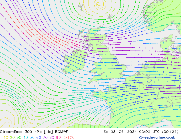 Streamlines 300 hPa ECMWF Sa 08.06.2024 00 UTC