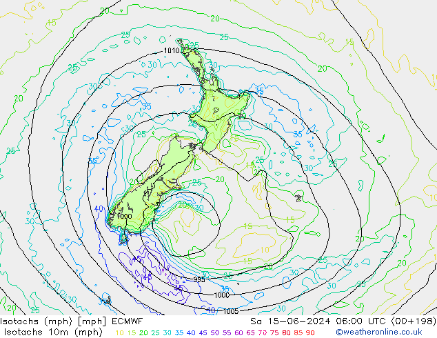 Isotachs (mph) ECMWF Sa 15.06.2024 06 UTC