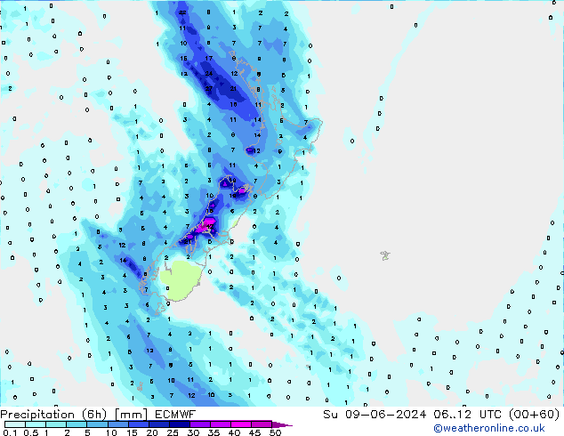 Z500/Rain (+SLP)/Z850 ECMWF Su 09.06.2024 12 UTC