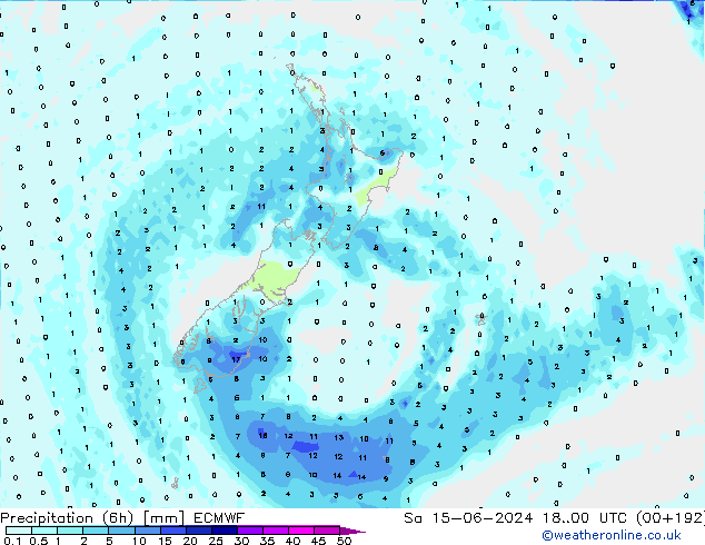 Precipitation (6h) ECMWF Sa 15.06.2024 00 UTC