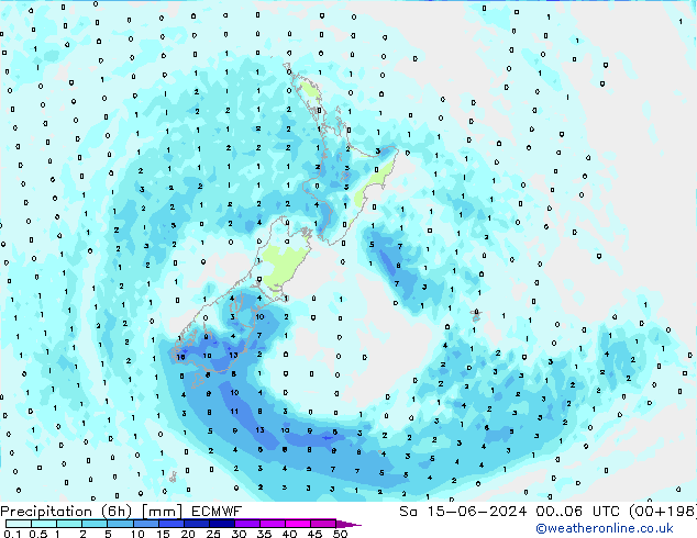 Precipitation (6h) ECMWF Sa 15.06.2024 06 UTC