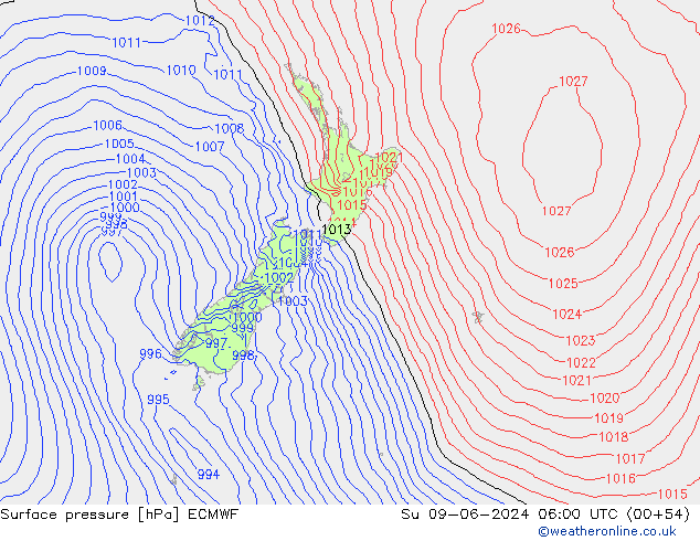 Atmosférický tlak ECMWF Ne 09.06.2024 06 UTC