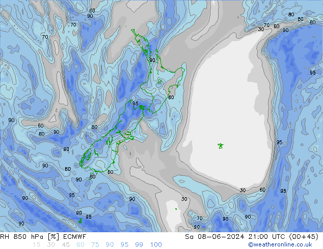 Humidité rel. 850 hPa ECMWF sam 08.06.2024 21 UTC