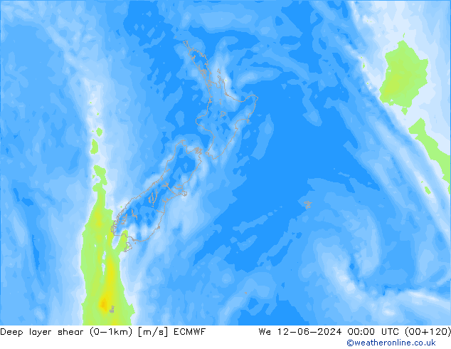 Deep layer shear (0-1km) ECMWF St 12.06.2024 00 UTC