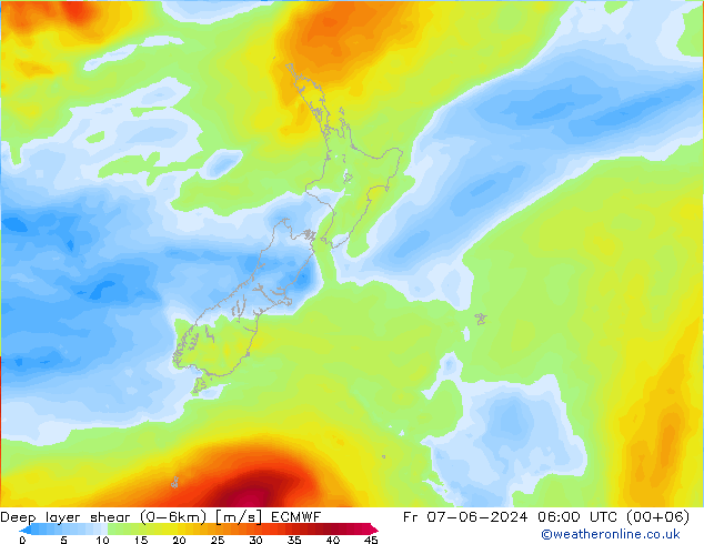 Deep layer shear (0-6km) ECMWF Fr 07.06.2024 06 UTC