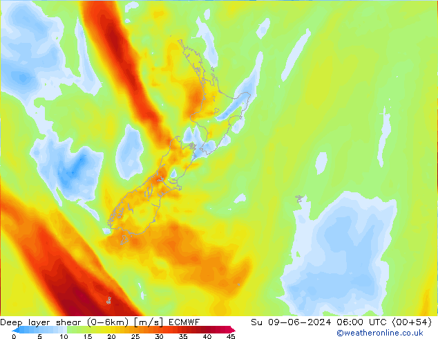 Deep layer shear (0-6km) ECMWF Вс 09.06.2024 06 UTC