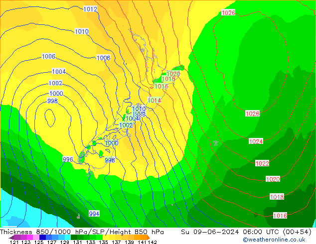 Thck 850-1000 гПа ECMWF Вс 09.06.2024 06 UTC