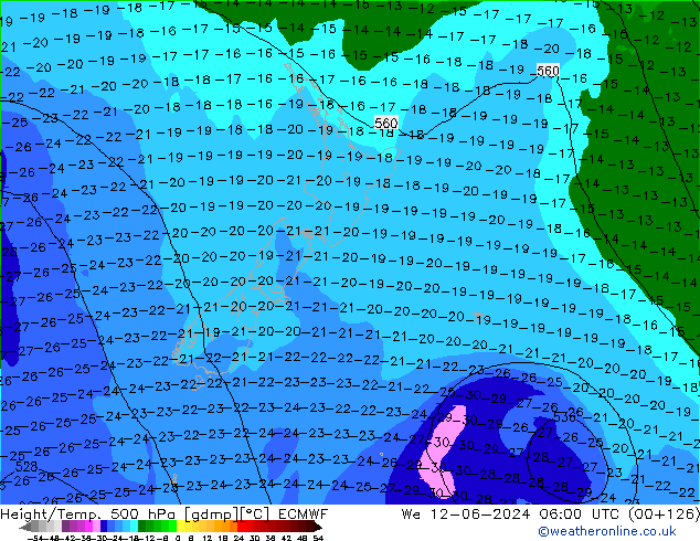 Height/Temp. 500 hPa ECMWF Mi 12.06.2024 06 UTC